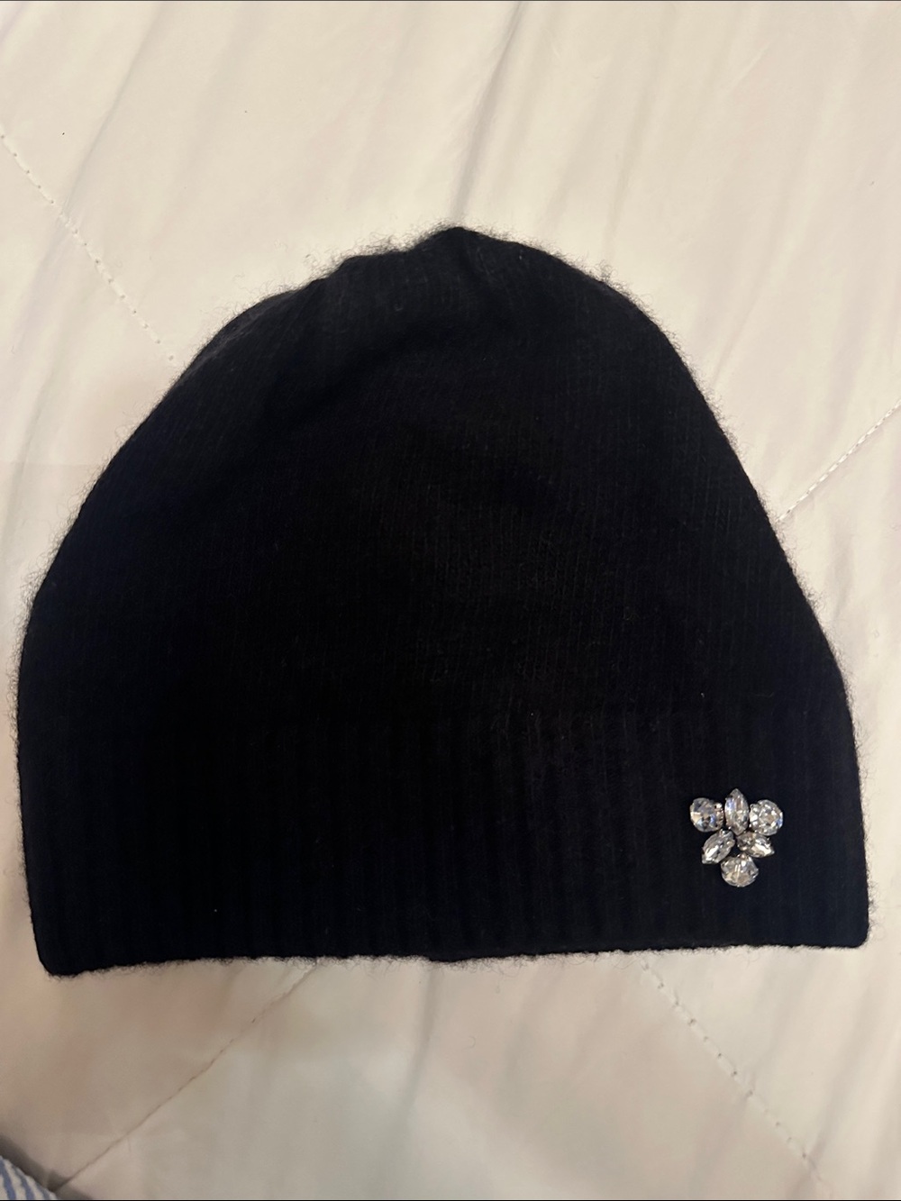 Portolano Black Knit Hat with Crystal Flower Pin